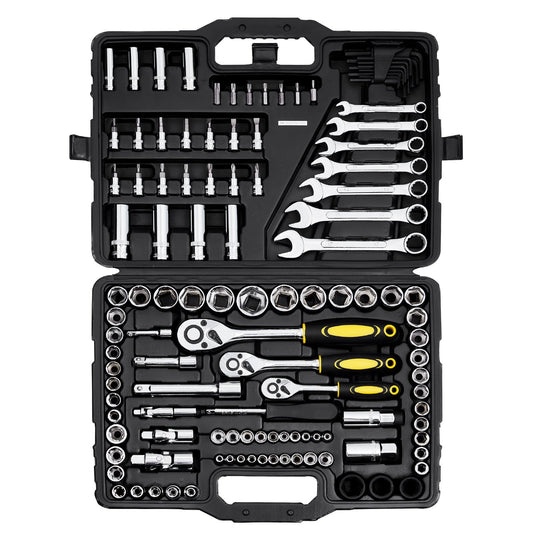 121-Piece Mechanics Tool Set 1/4" 3/8" 1/2" Drive Sockets SAE and Metric V952-SDJXGJTZ1438OZV5AV0