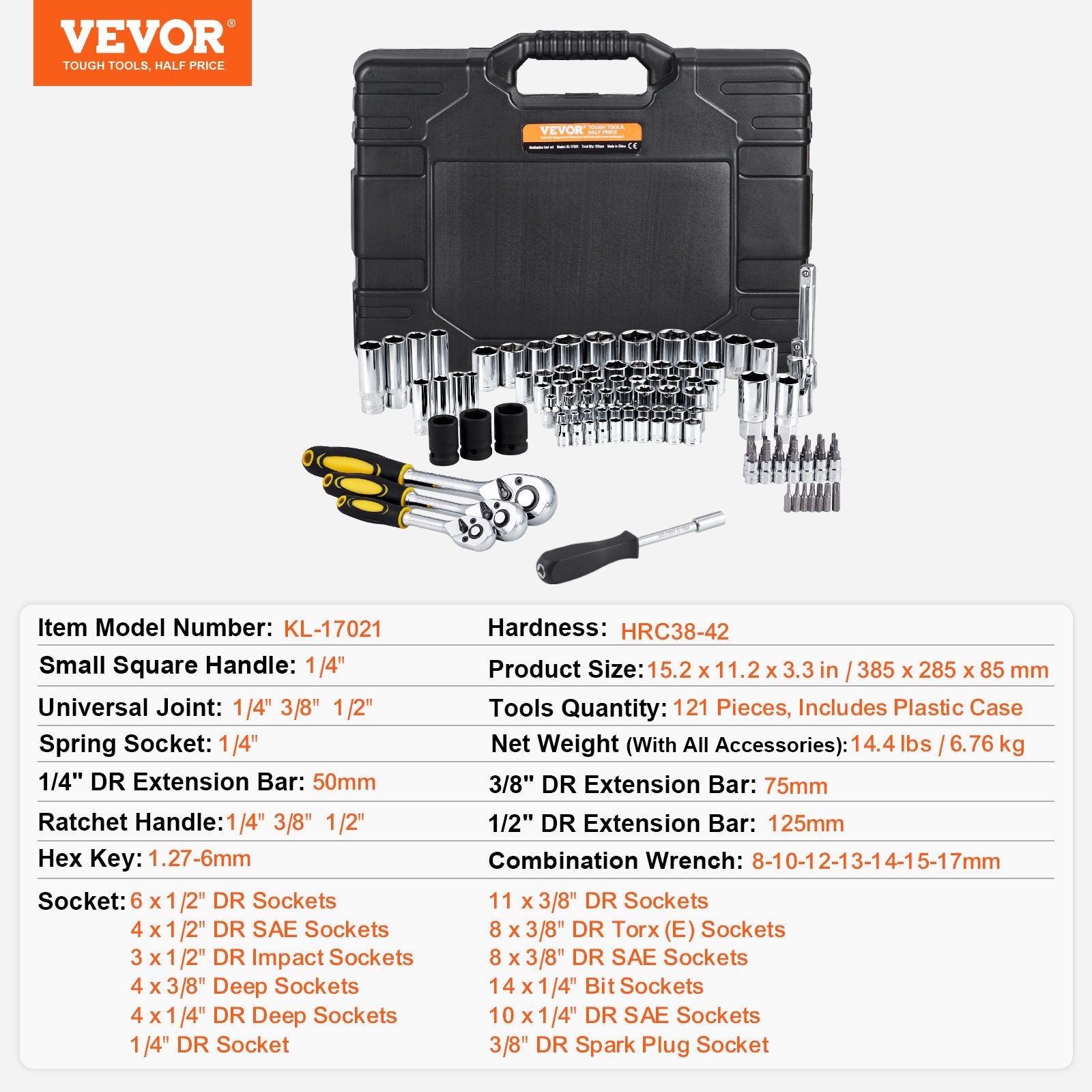 121-Piece Mechanics Tool Set 1/4" 3/8" 1/2" Drive Sockets SAE and Metric V952-SDJXGJTZ1438OZV5AV0