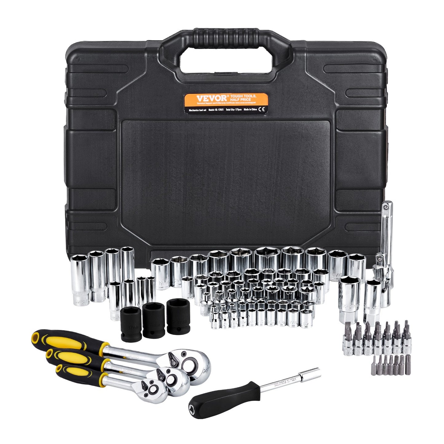 121-Piece Mechanics Tool Set 1/4" 3/8" 1/2" Drive Sockets SAE and Metric V952-SDJXGJTZ1438OZV5AV0