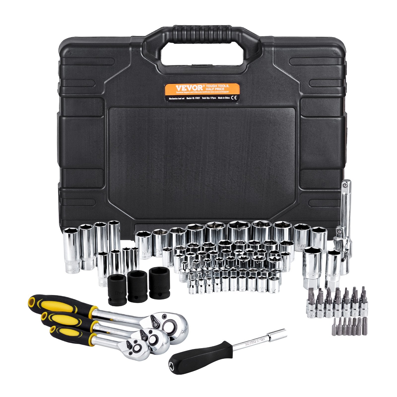 121-Piece Mechanics Tool Set 1/4" 3/8" 1/2" Drive Sockets SAE and Metric V952-SDJXGJTZ1438OZV5AV0