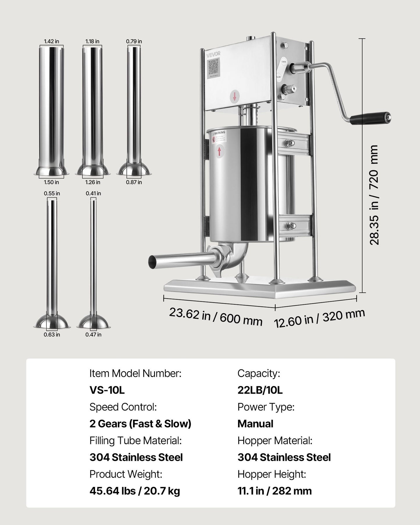 Manual Sausage Stuffer, 22 LBS / 10 L Vertical Meat Stuffer, Dual-Speed Sausage Casing Meat Filling Machine, V952-SDKGCJLS10L06EIN0001V0