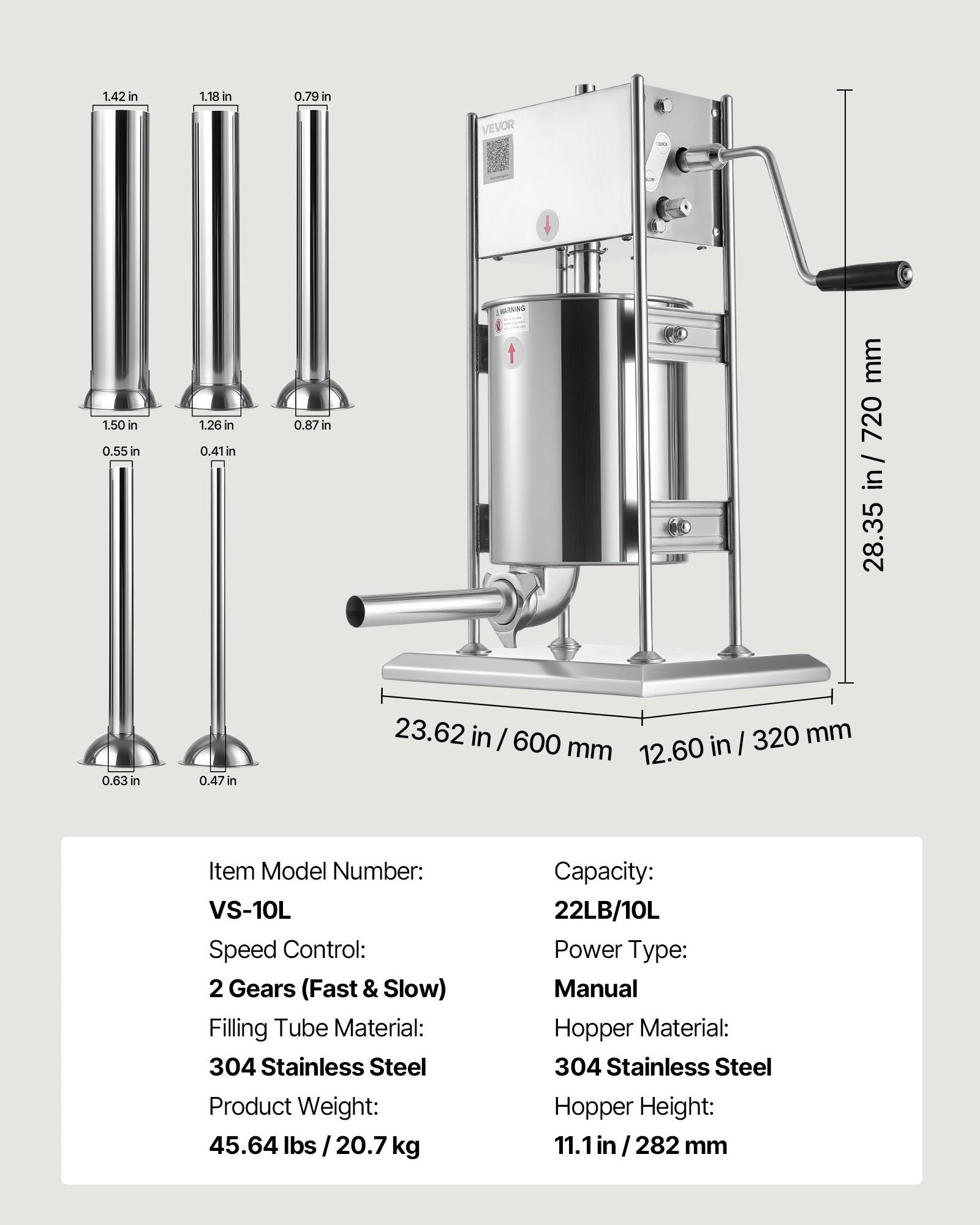 Manual Sausage Stuffer, 22 LBS / 10 L Vertical Meat Stuffer, Dual-Speed Sausage Casing Meat Filling Machine, V952-SDKGCJLS10L06EIN0001V0