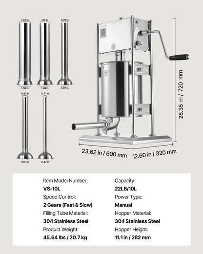 Manual Sausage Stuffer, 22 LBS / 10 L Vertical Meat Stuffer, Dual-Speed Sausage Casing Meat Filling Machine, V952-SDKGCJLS10L06EIN0001V0