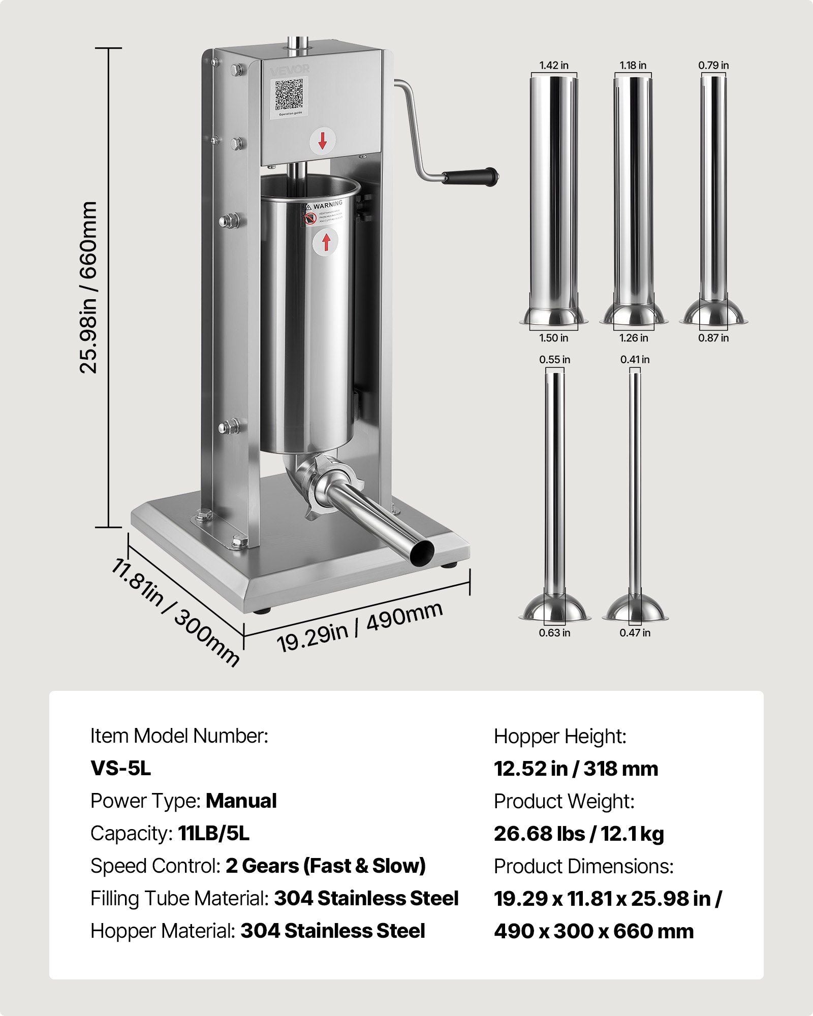 Manual Sausage Stuffer, 11 LBS / 5 L Vertical Meat Stuffer, Dual-Speed Sausage Casing Meat Filling Machine, V952-SDKGCJLS5L00GQ3T6001V0