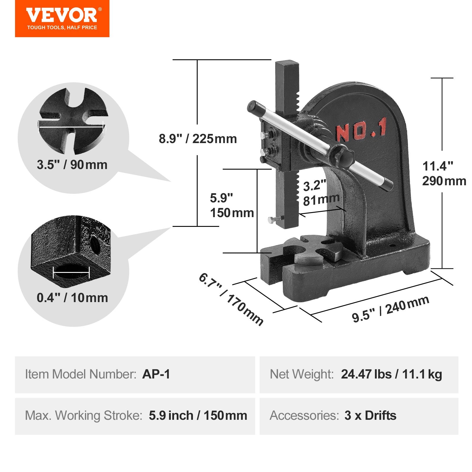 Arbor Press, 1 Ton Manual Arbor Press, 5.9" Maximum Height, Cast Iron Heavy-duty Manual Desktop Arbor Press, V952-SDKYLJGG1T00BW6W1V0