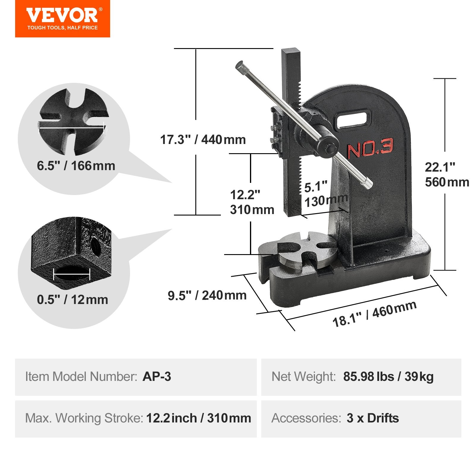 Arbor Press, 3 Ton Manual Arbor Press, 30.99" Maximum Height, Cast Iron Heavy-duty Manual Desktop Arbor V952-SDKYLJGG3T00FECX1V0
