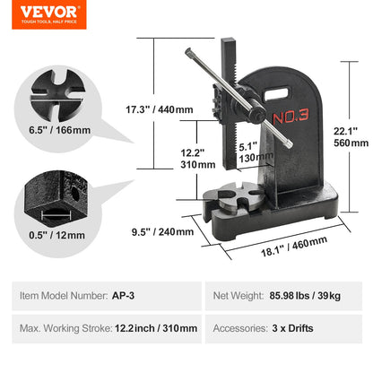 Arbor Press, 3 Ton Manual Arbor Press, 30.99" Maximum Height, Cast Iron Heavy-duty Manual Desktop Arbor V952-SDKYLJGG3T00FECX1V0