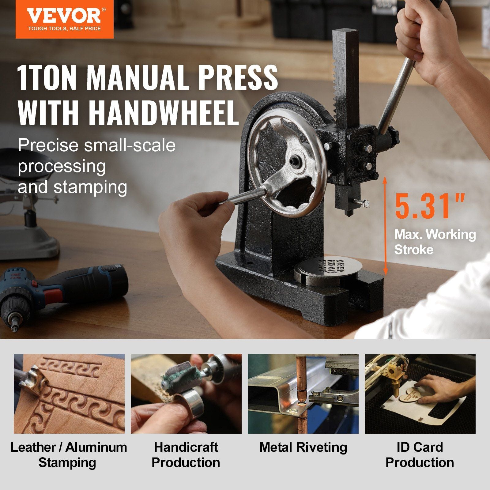 Arbor Press, 1 Ton Manual Arbor Press with Handwheel, 15cm Maximum Height, Cast Iron Heavy-duty Manual V952-SDKYLJGGSL1T2G169V0