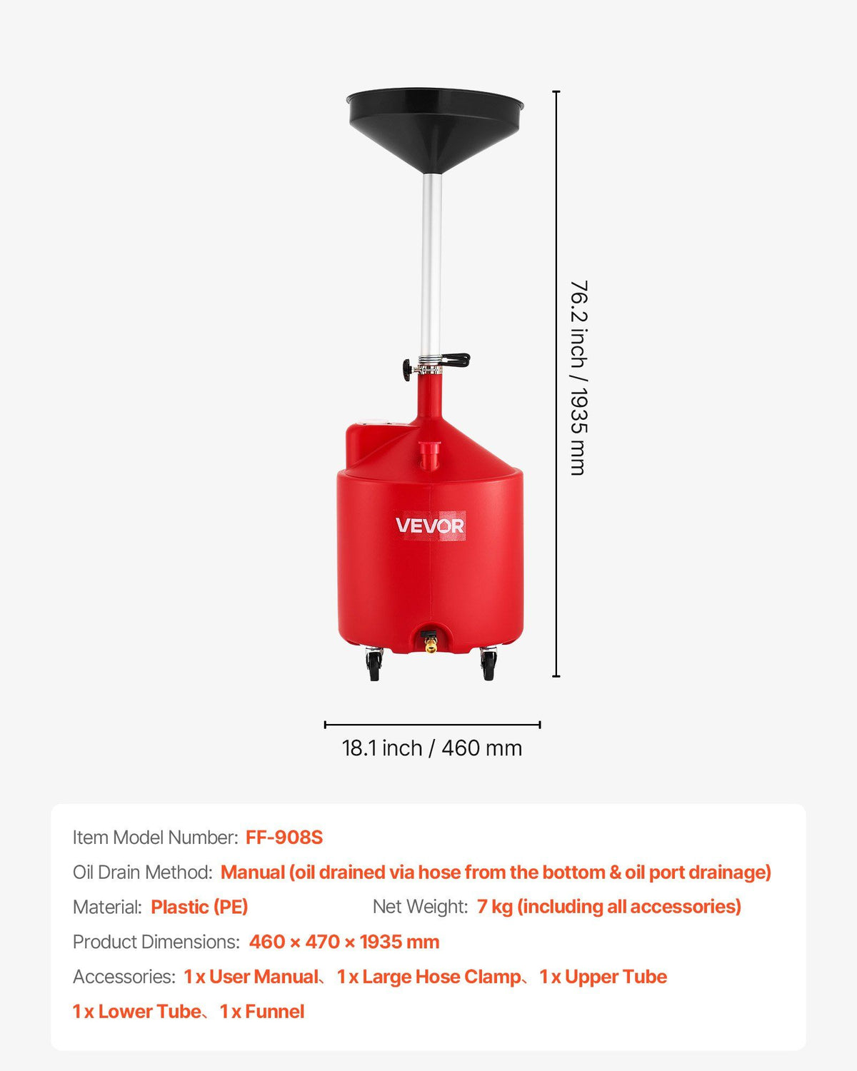 68L Waste Oil Drain Tank, Industrial Fluid Drain Tank with Adjustable Funnel Height, Portable Oil Drainer V952-SDLSPYPSL18GVK731001V0