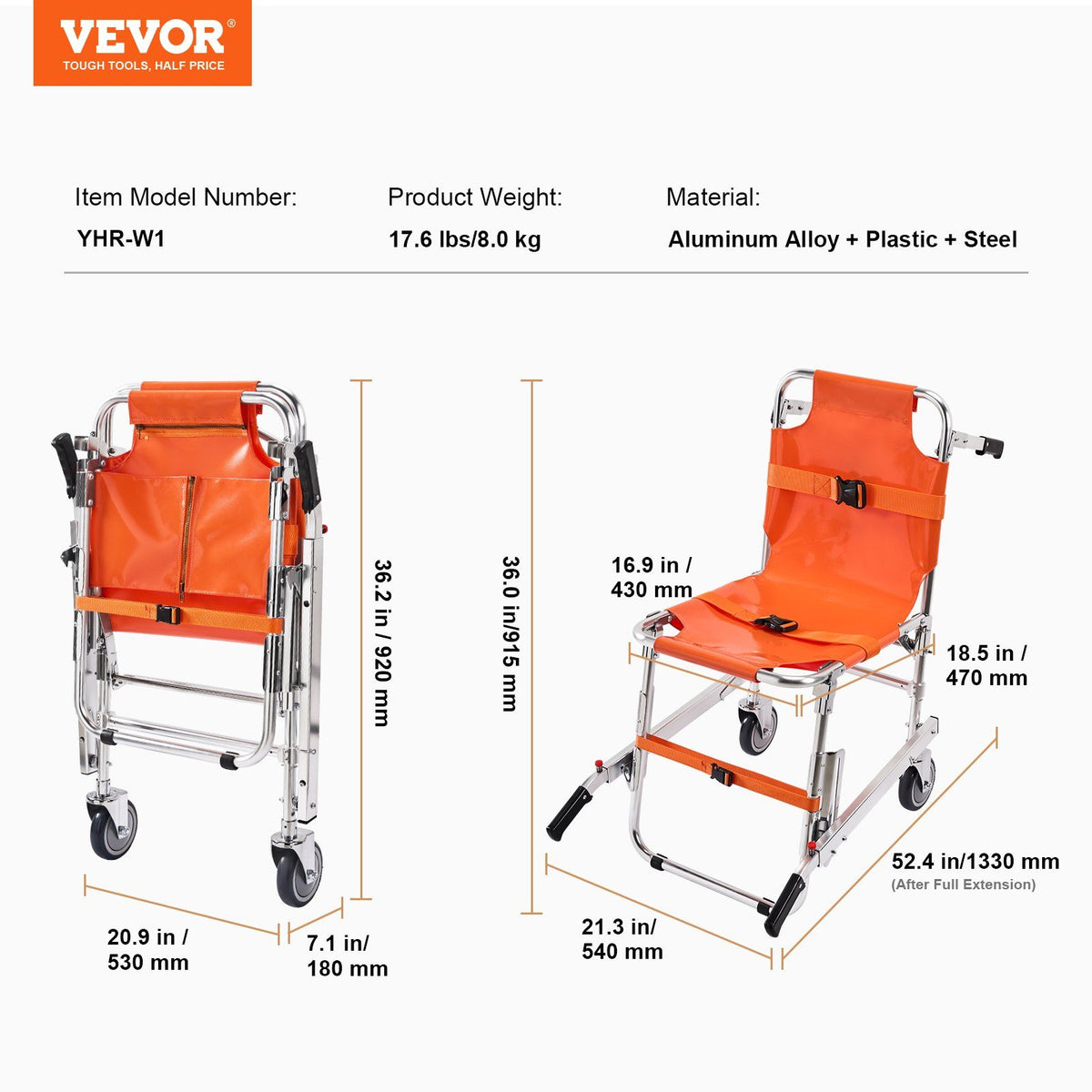 EMS Stair Chair, 159 kg Load Capacity, Foldable Aluminum Emergency Stair Climbing Wheelchair with 2 Wheels, V952-SDLYPLCSTS00G9IQZV0