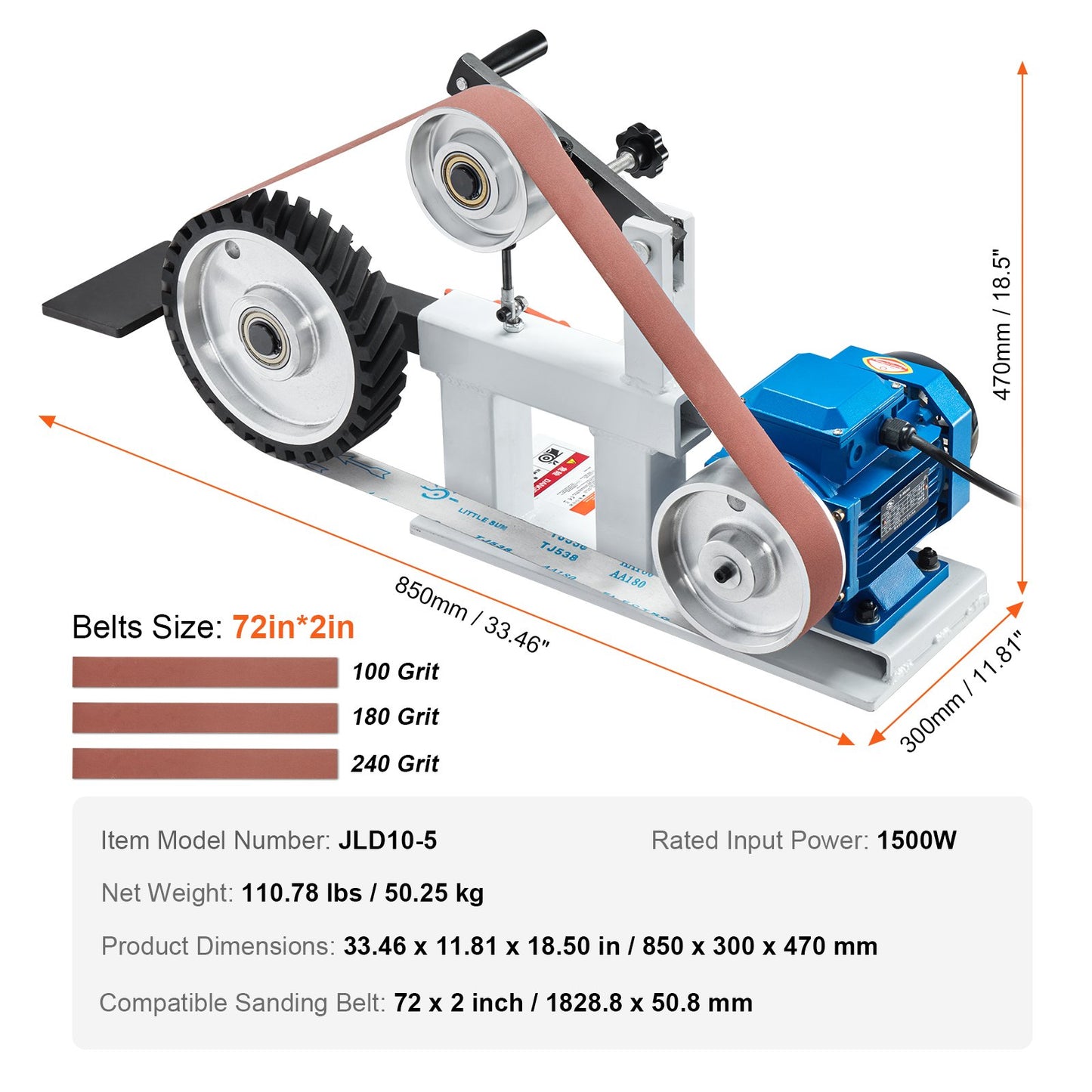 Belt Grinder Sander, 72 x 2-Inch Variable Speed Belt Polisher with VFD, 1500W 2HP Polishing Grinding Machine V952-SDMC1500W722VBGPTV3