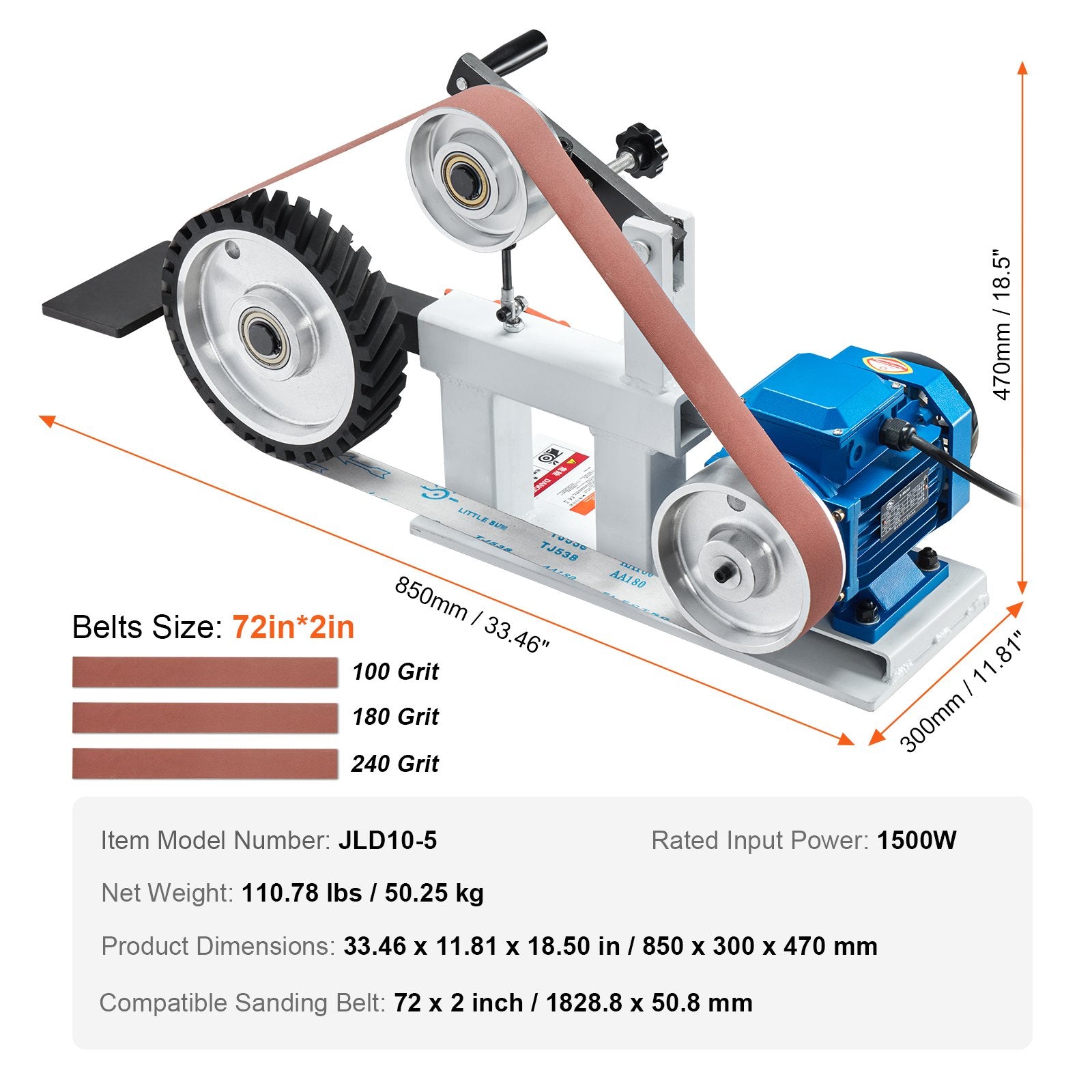 Belt Grinder Sander, 72 x 2-Inch Variable Speed Belt Polisher with VFD, 1500W 2HP Polishing Grinding Machine V952-SDMC1500W722VBGPTV3