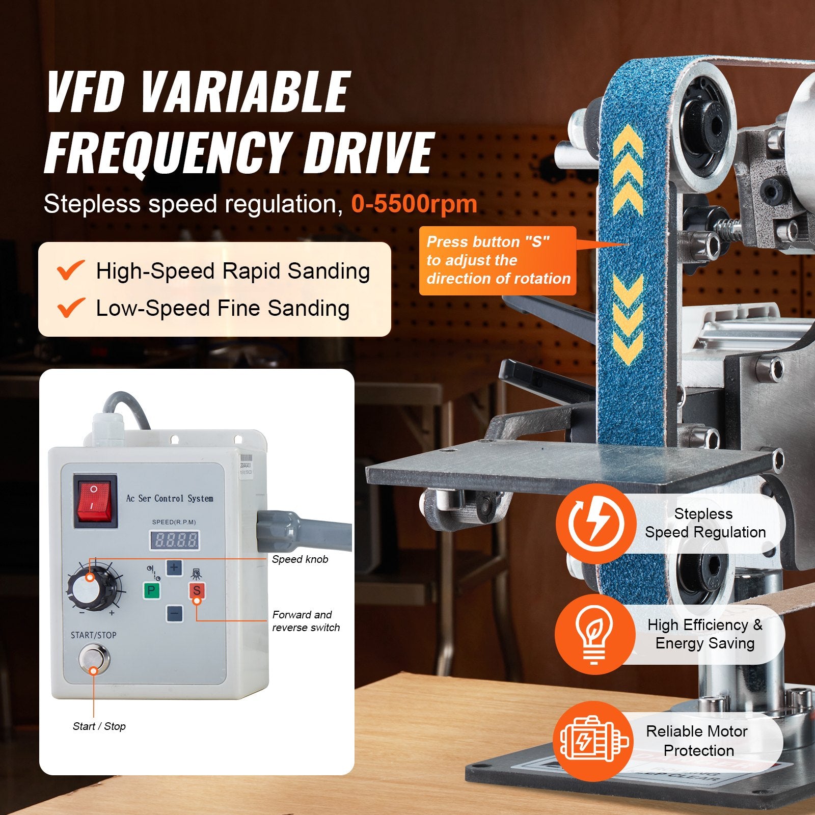 Belt Grinder Sander, 30 x 1-Inch Variable Speed Belt Polisher with VFD, 550W Polishing Grinding Machine with V952-SDMC550W301ITG5FHV3