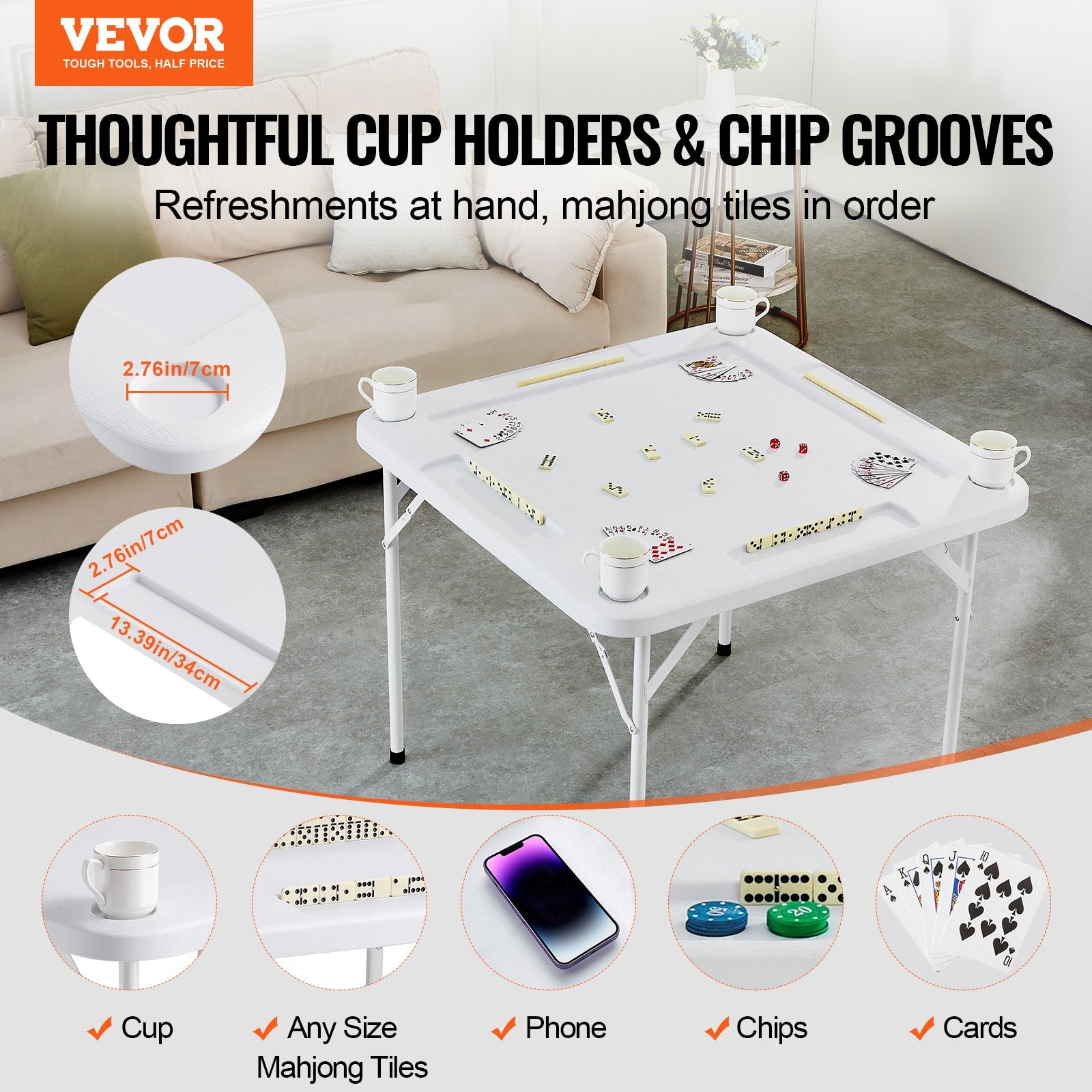 Mahjong Table, Square 4 Player Folding Card Table with 4 Cup Holders & 4 Chip Trays, Portable Domino Game V952-SDMJZBSDMNGPT73ZQV0