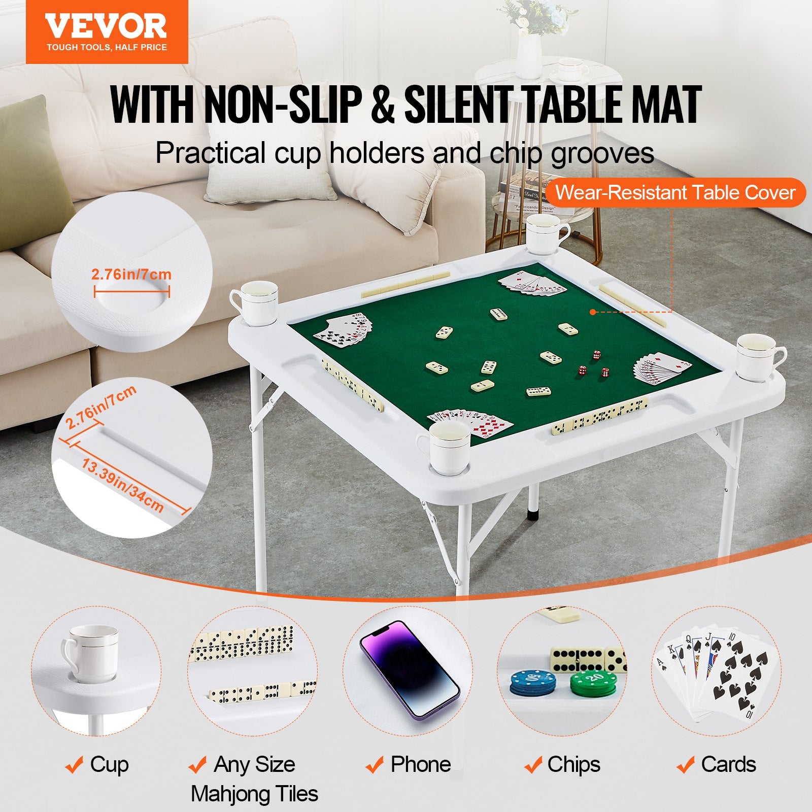 Mahjong Table, 4 Player Folding Domino Table with Wear-Resistant Green Tabletop, Portable Square Card Table V952-SDMJZBSWZDMJOF0ZJV0