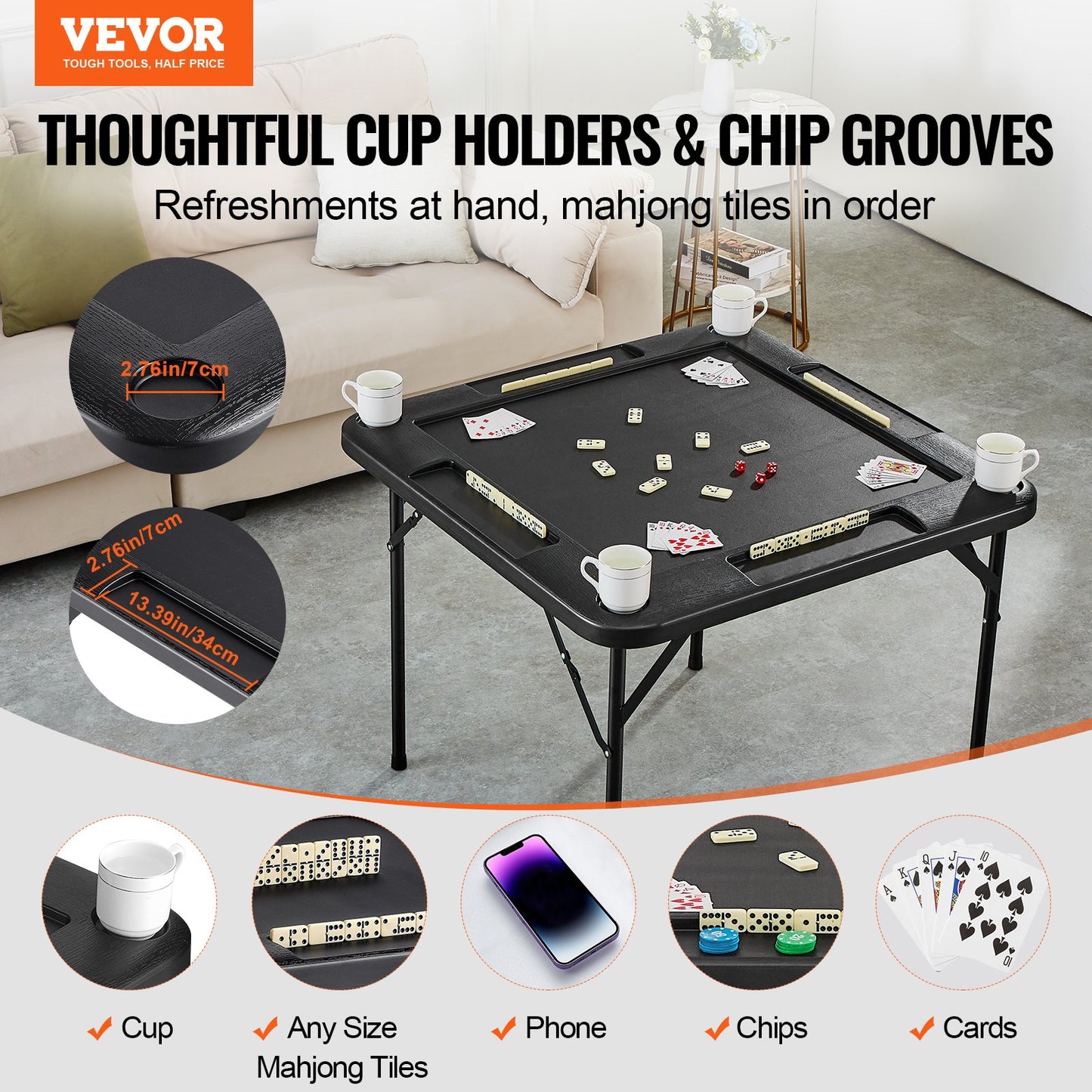 Mahjong Table, Square 4 Player Folding Card Table with 4 Cup Holders & 4 Chip Trays, Portable Domino Game V952-SDMJZHSDMNGP0C7TXV0