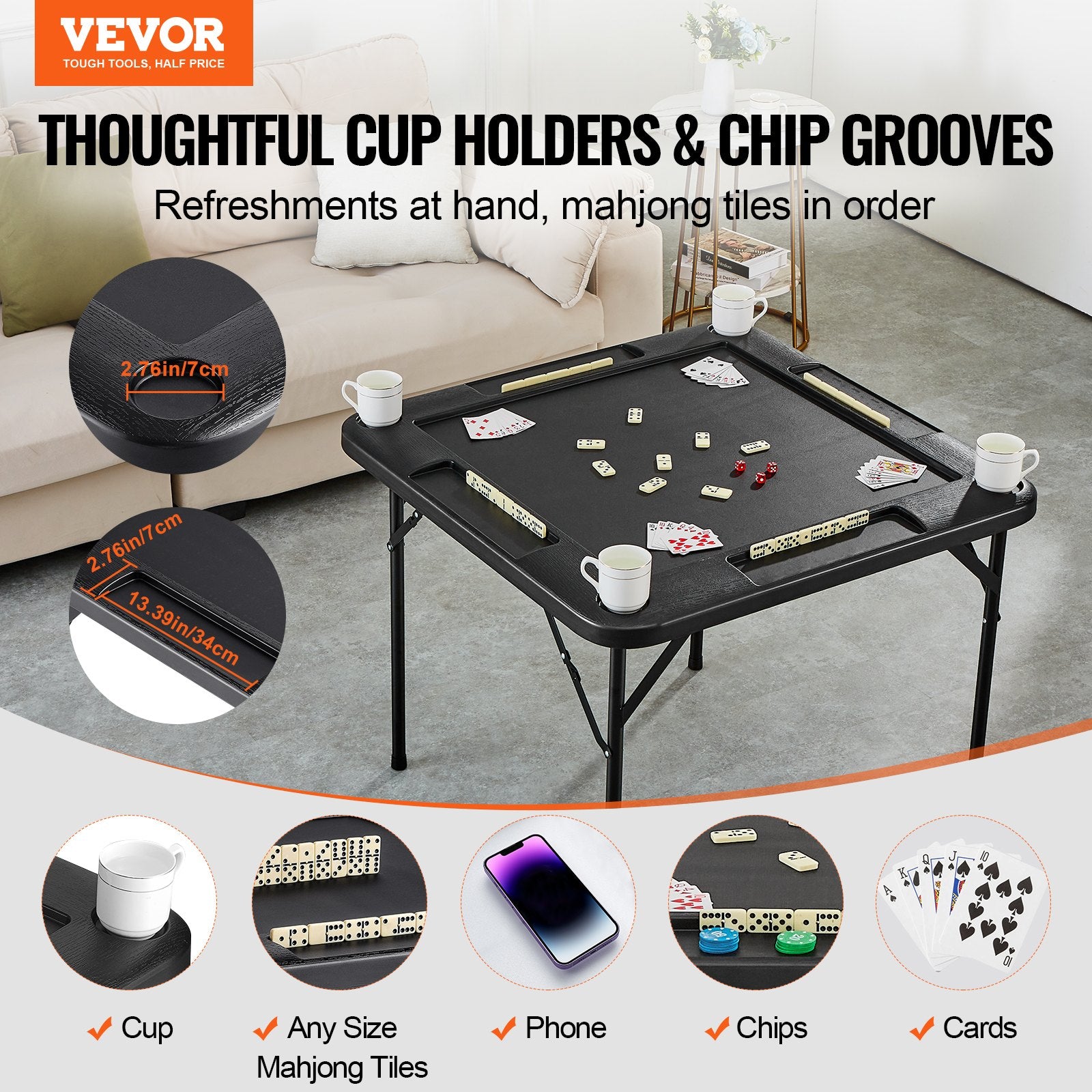Mahjong Table, Square 4 Player Folding Card Table with 4 Cup Holders & 4 Chip Trays, Portable Domino Game V952-SDMJZHSDMNGP0C7TXV0