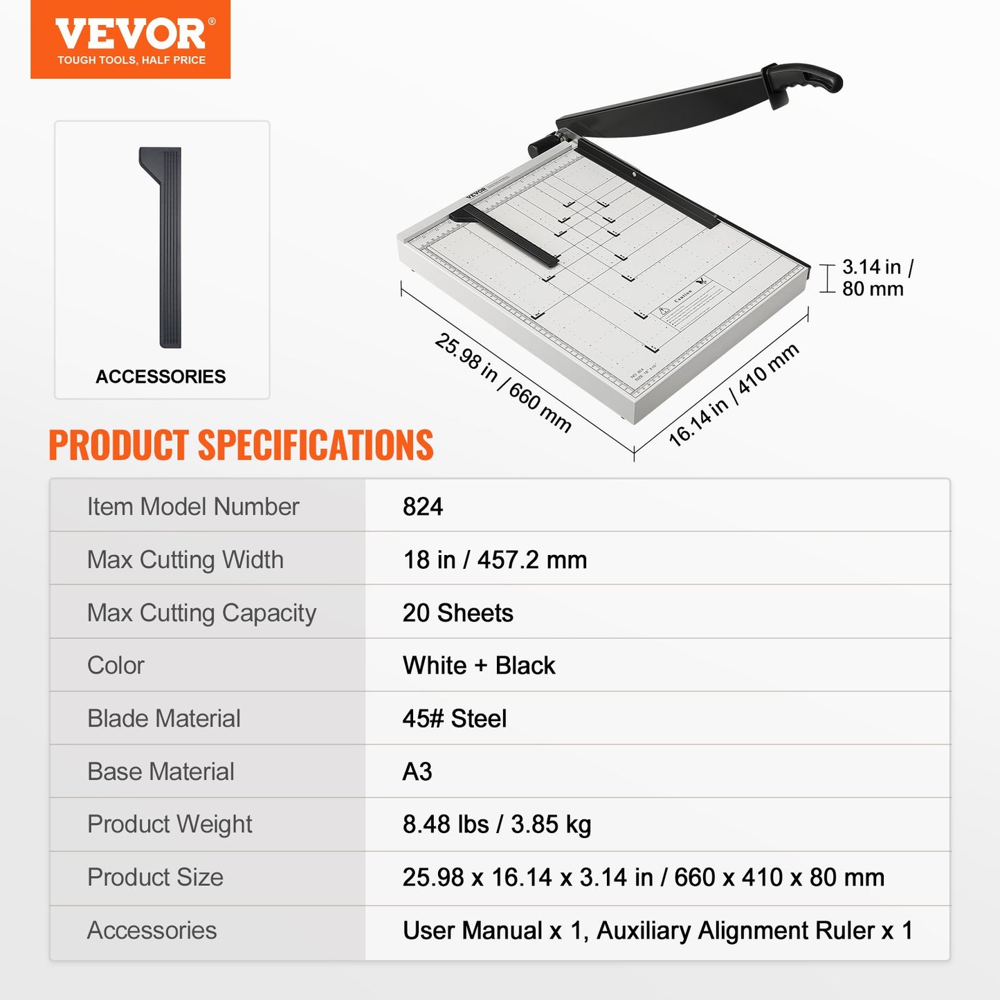 Paper Cutter, Guillotine Trimmer, 457 mm Cut Length, 20 Sheets Capacity, Heavy Duty Guillotine Paper Cutter V952-SDQZJZXQZJ184TBKTV0