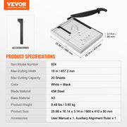 Paper Cutter, Guillotine Trimmer, 457 mm Cut Length, 20 Sheets Capacity, Heavy Duty Guillotine Paper Cutter V952-SDQZJZXQZJ184TBKTV0