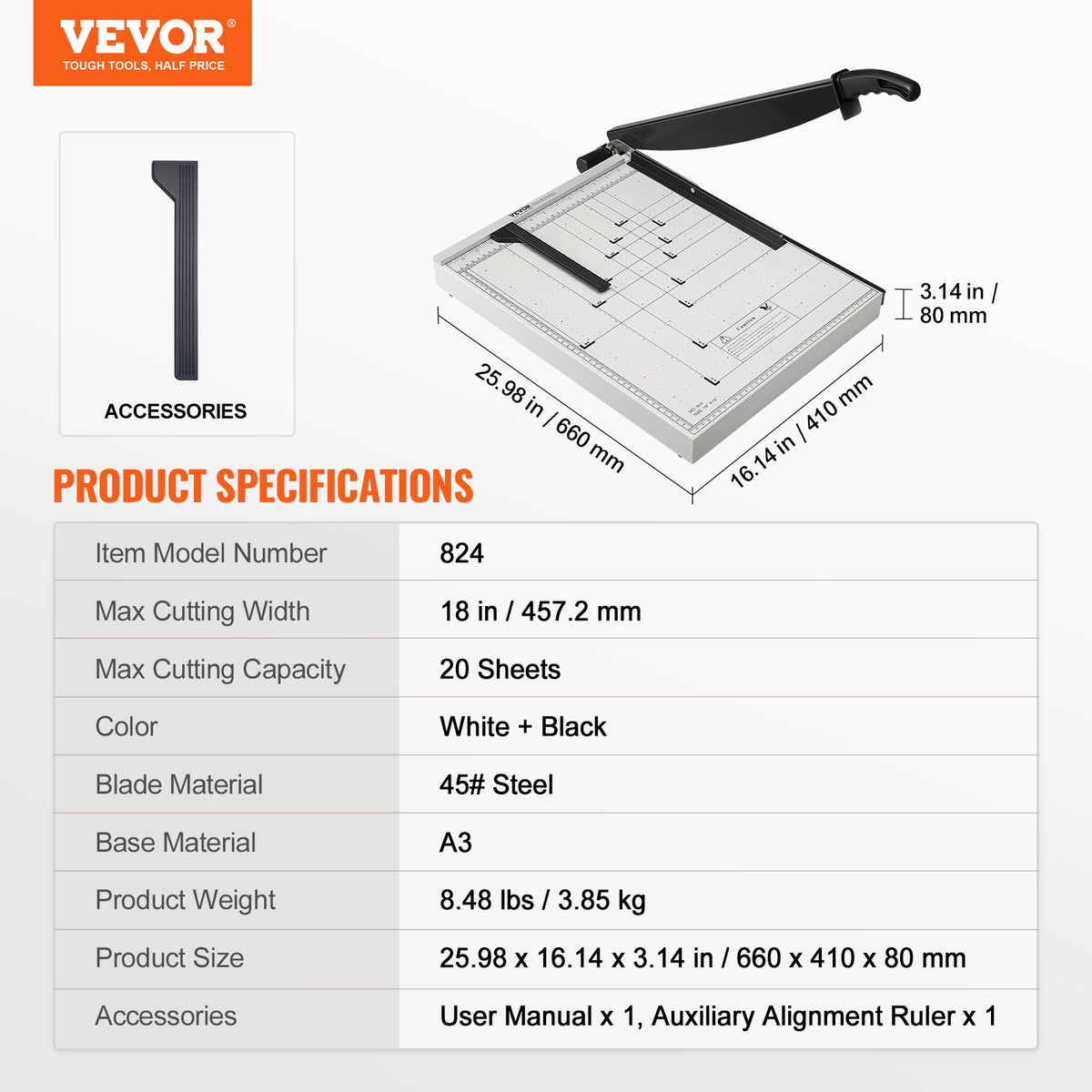 Paper Cutter, Guillotine Trimmer, 457 mm Cut Length, 20 Sheets Capacity, Heavy Duty Guillotine Paper Cutter V952-SDQZJZXQZJ184TBKTV0