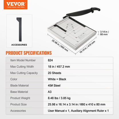 Paper Cutter, Guillotine Trimmer, 457 mm Cut Length, 20 Sheets Capacity, Heavy Duty Guillotine Paper Cutter V952-SDQZJZXQZJ184TBKTV0
