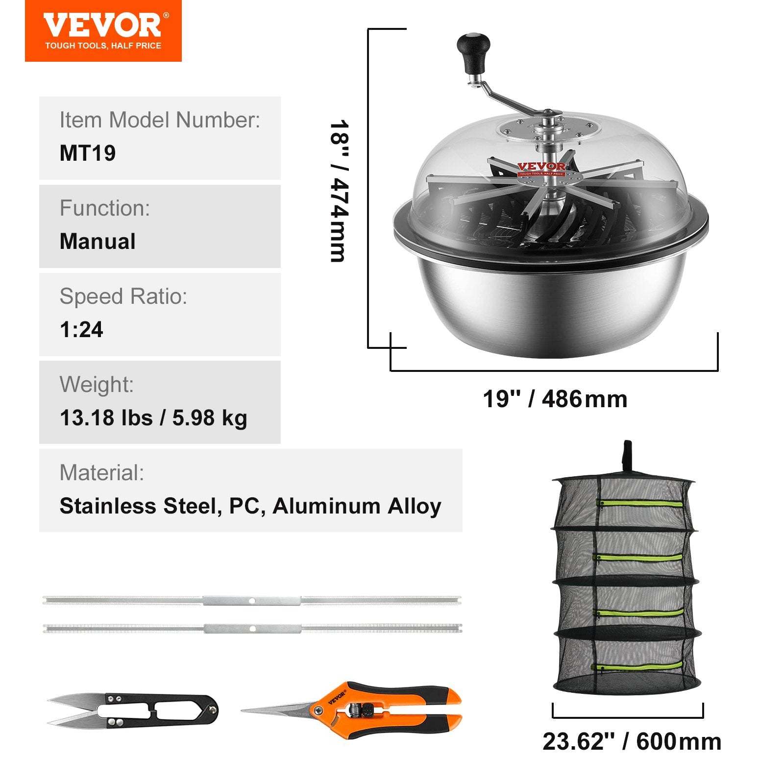 Leaf Bowl Trimmer 19'' Manual Bud Trimmer with Stainless-Steel Blades V952-SDSCJ19YCBXGOPPNNV0