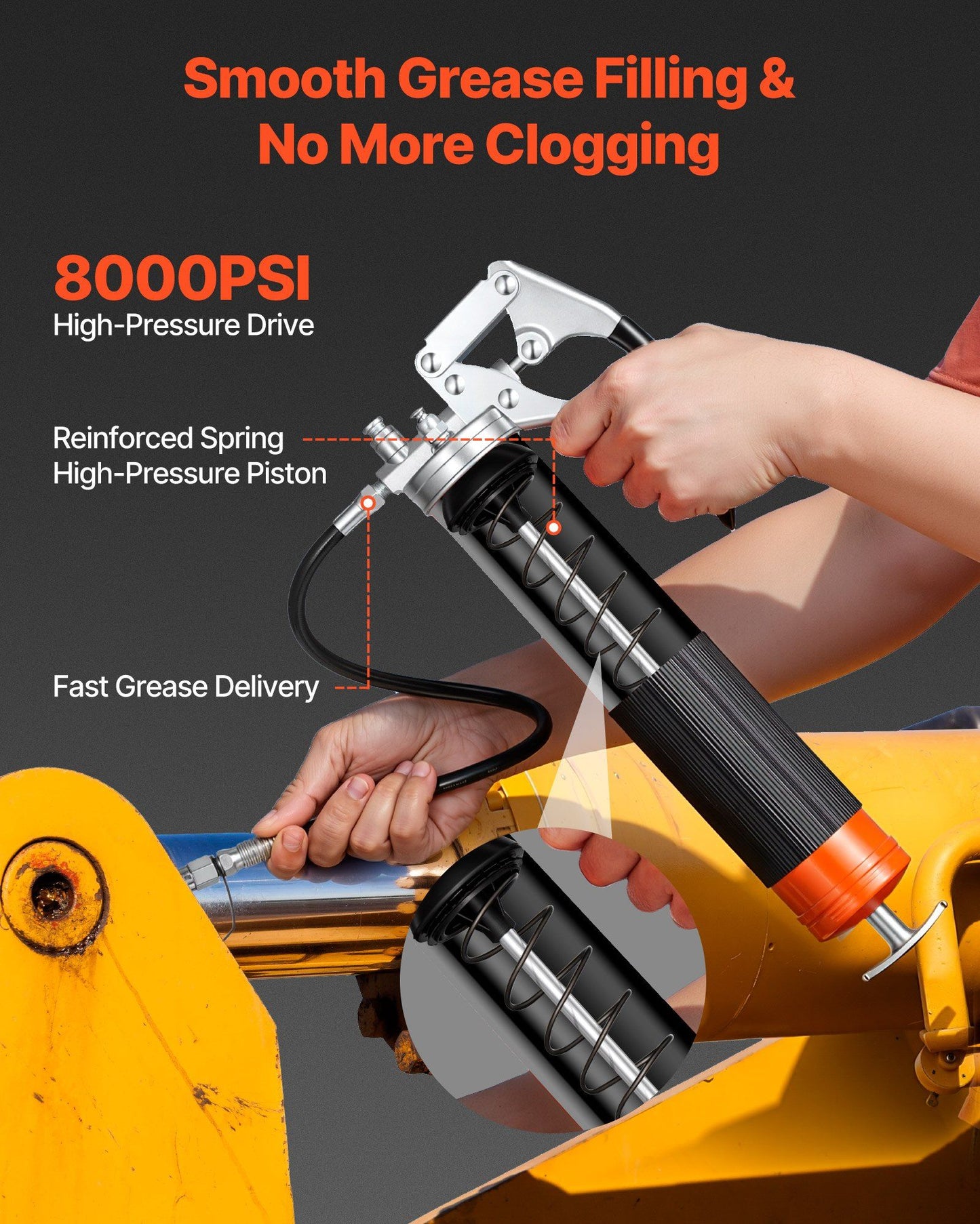 Grease Gun, 8000 PSI, Pistol Grip Grease Gun Kit with 0.4 L Capacity, Includes 46 cm Flex Hose, Double Handle V952-SDSHYQZXSQSD5NSJR001V0