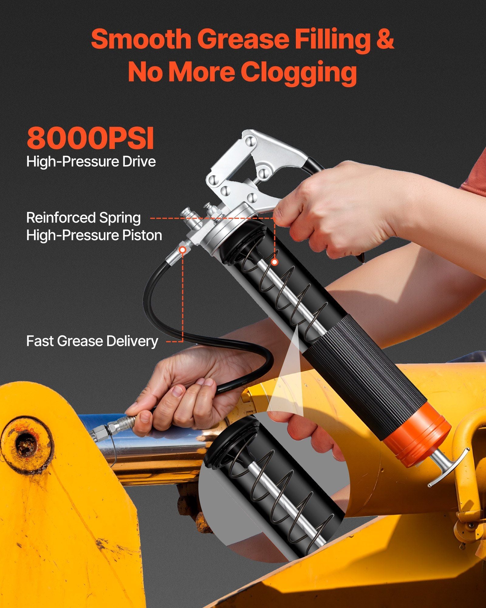 Grease Gun, 8000 PSI, Pistol Grip Grease Gun Kit with 0.4 L Capacity, Includes 46 cm Flex Hose, Double Handle V952-SDSHYQZXSQSD5NSJR001V0