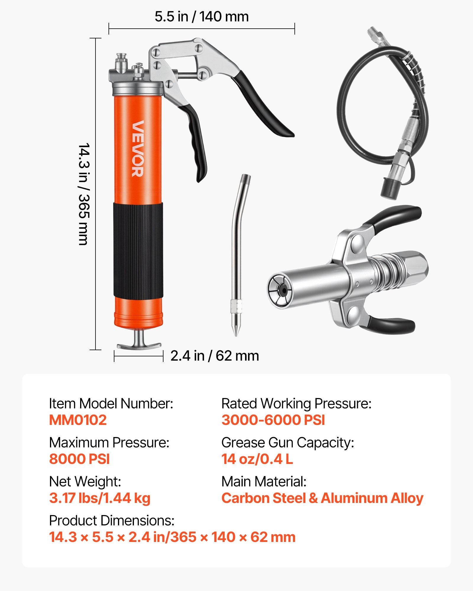 Grease Gun, 8000 PSI, Pistol Grip Grease Gun Kit with 0.4 L Capacity, Includes 46 cm Flex Hose, Double Handle V952-SDSHYQZXSQSD5NSJR001V0