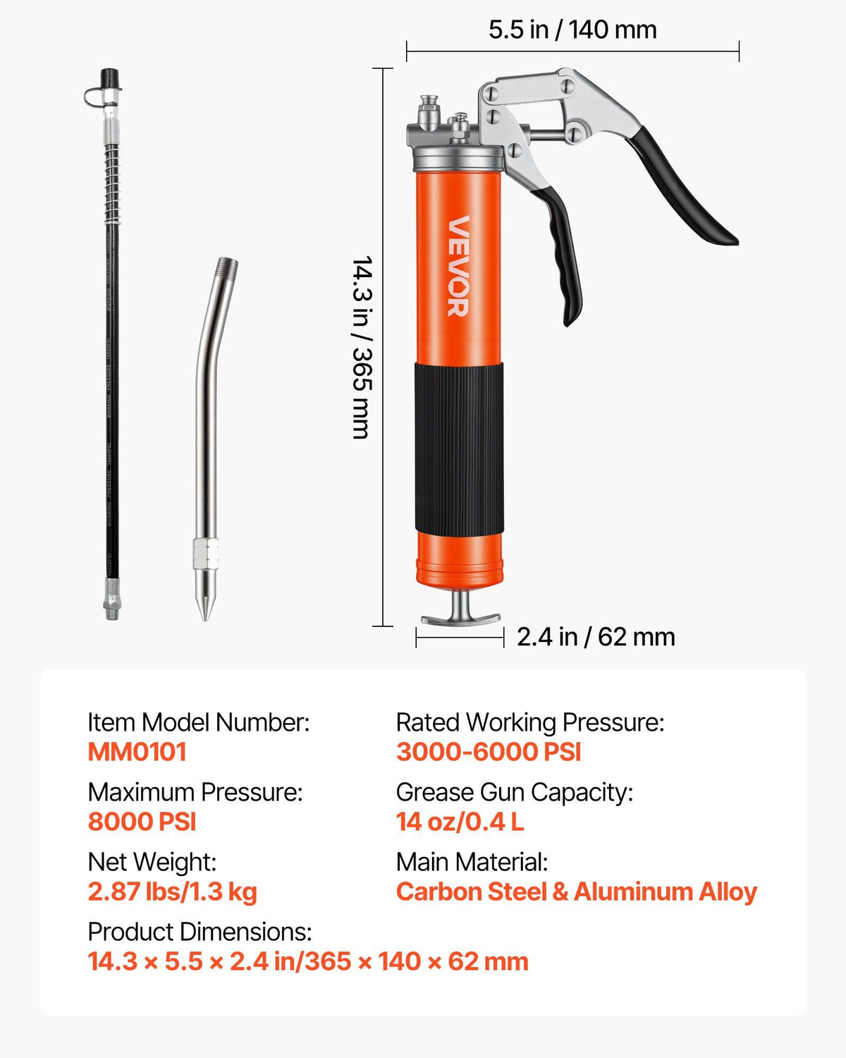 Grease Gun, 8000 PSI High Pressure, Heavy Duty Pistol Grip Grease Gun Kit with 0.4 L Capacity, Includes 46 cm V952-SDSHYQZXSQSWDET7X001V0
