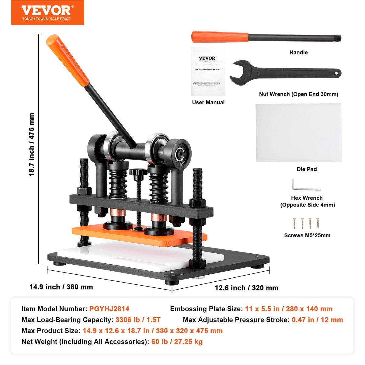 Leather Cutting Machine, 11 x 5.5 in Embossing Plate Manual Die Cutter, 0.47 in Pressure Stroke Leather V952-SDSLPGYHJ28XE5XVZV0