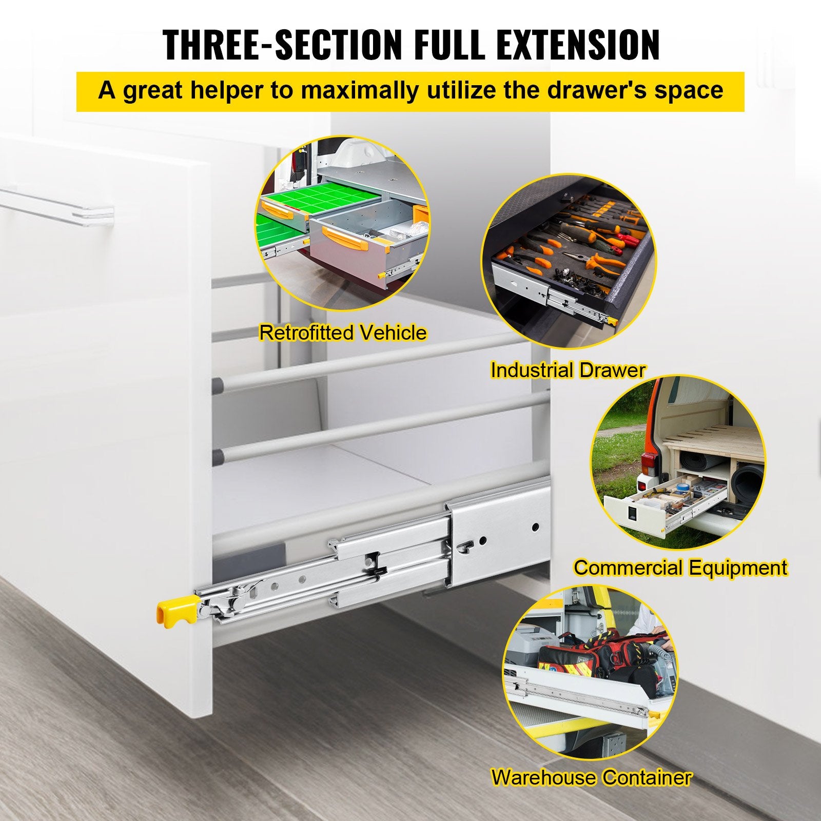 Drawer Slides with Lock, 1 Pair 60 inch, Heavy-Duty Industrial Steel up to 500 lbs Capacity, 3-Fold Full V952-SDSSSCTD60500CW2TV0