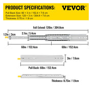 Drawer Slides with Lock, 1 Pair 60 inch, Heavy-Duty Industrial Steel up to 500 lbs Capacity, 3-Fold Full V952-SDSSSCTD60500CW2TV0