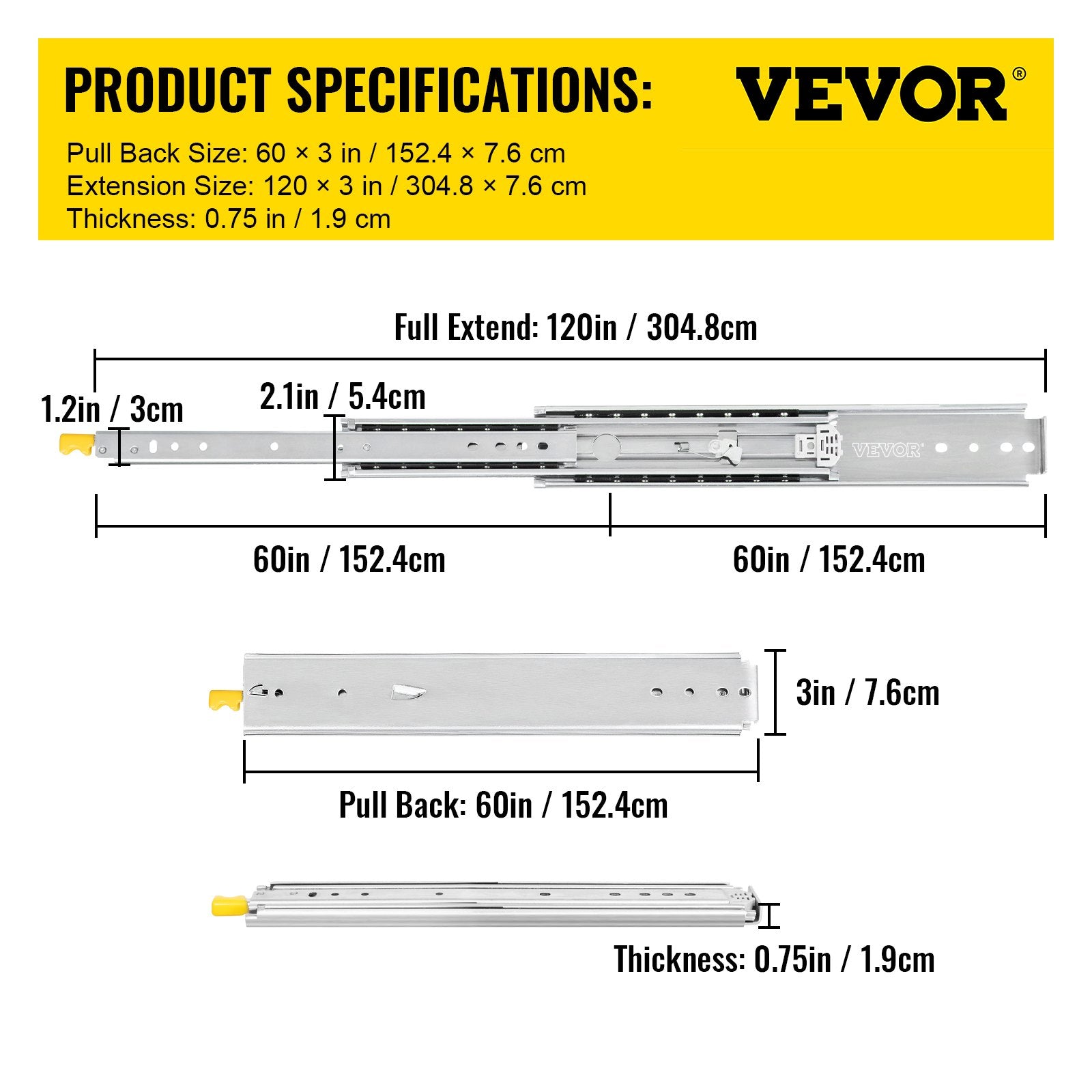 Drawer Slides with Lock, 1 Pair 60 inch, Heavy-Duty Industrial Steel up to 500 lbs Capacity, 3-Fold Full V952-SDSSSCTD60500CW2TV0