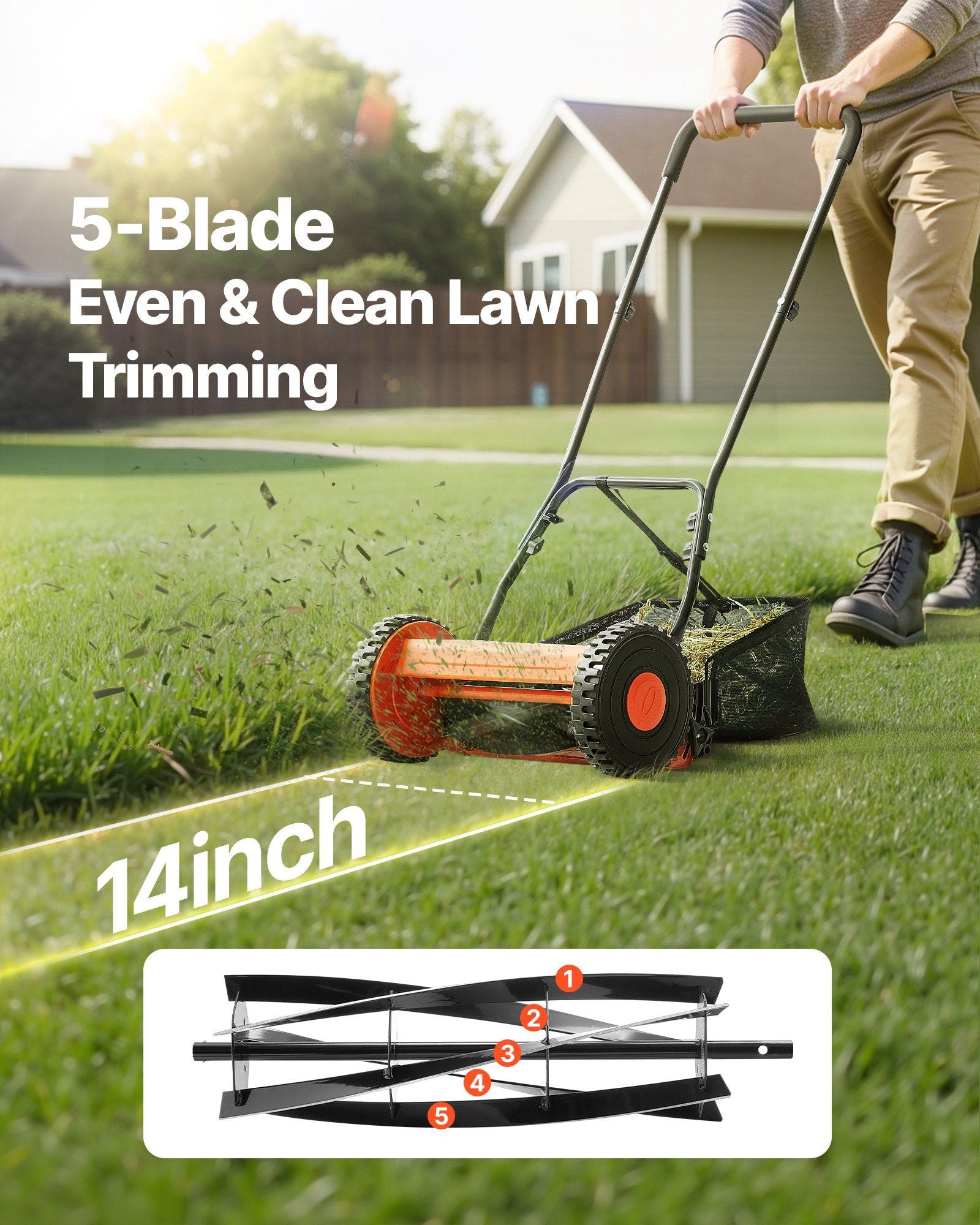 Push Reel Lawn Mower 35 cm, 5 Blades Manual Push Mower No Motor, 15-45 mm Adjustable Cutting Height, V952-SDTSGZGCJ14IZEEJ2001V0