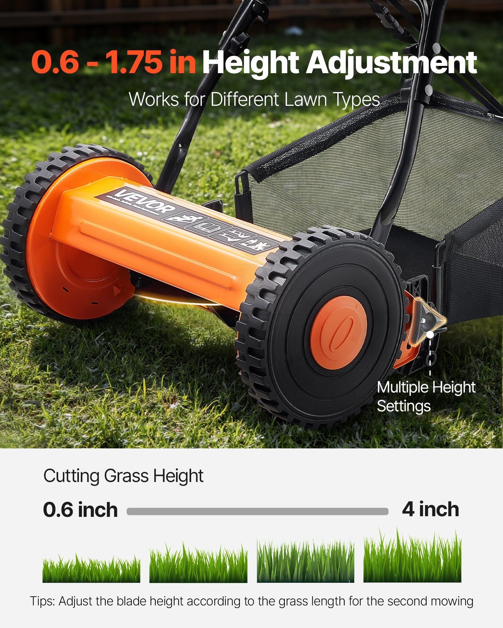 Push Reel Lawn Mower 35 cm, 5 Blades Manual Push Mower No Motor, 15-45 mm Adjustable Cutting Height, V952-SDTSGZGCJ14IZEEJ2001V0
