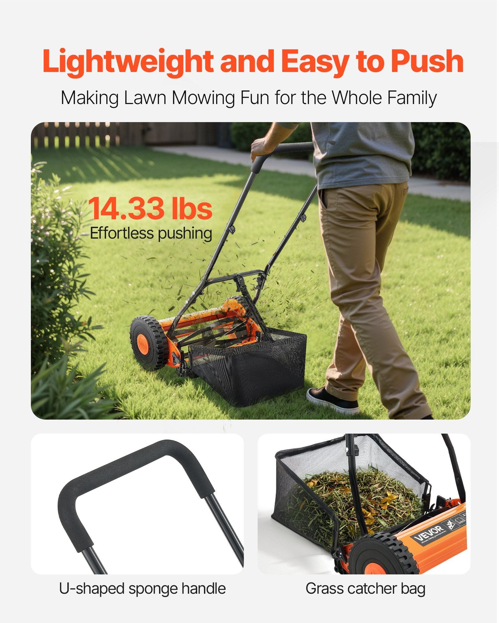 Push Reel Lawn Mower 35 cm, 5 Blades Manual Push Mower No Motor, 15-45 mm Adjustable Cutting Height, V952-SDTSGZGCJ14IZEEJ2001V0