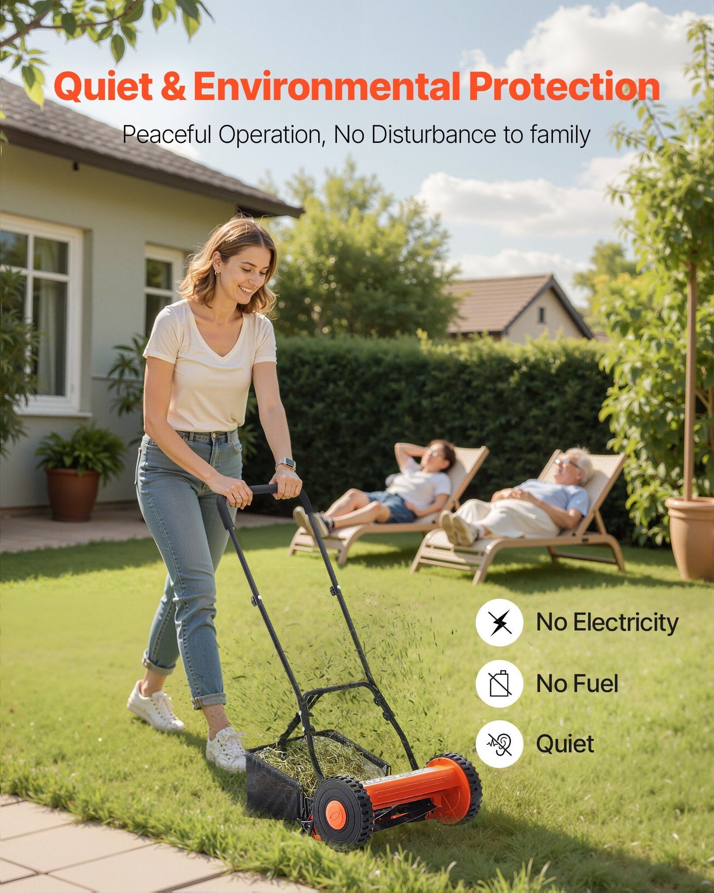 Push Reel Lawn Mower 35 cm, 5 Blades Manual Push Mower No Motor, 15-45 mm Adjustable Cutting Height, V952-SDTSGZGCJ14IZEEJ2001V0