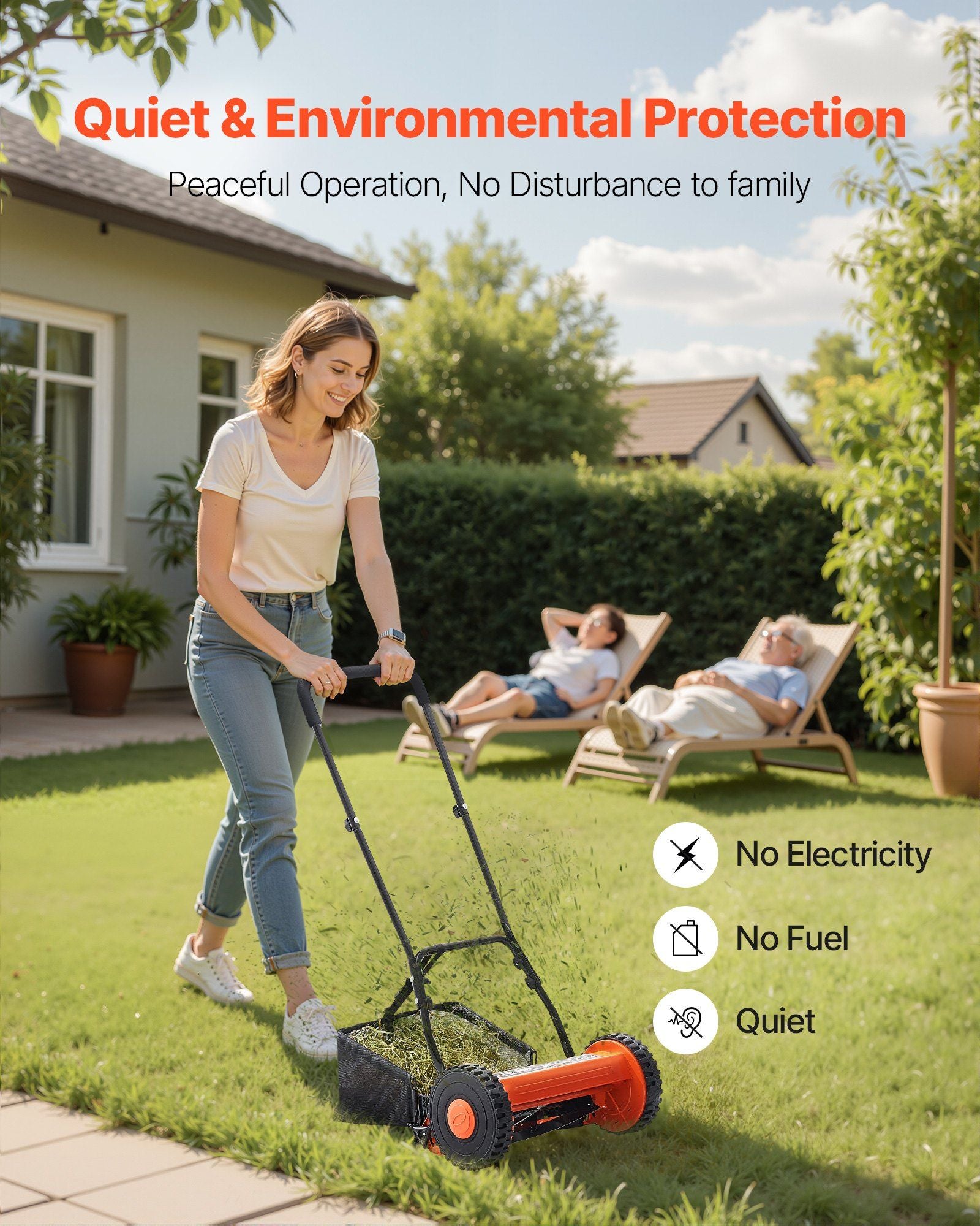 Push Reel Lawn Mower 35 cm, 5 Blades Manual Push Mower No Motor, 15-45 mm Adjustable Cutting Height, V952-SDTSGZGCJ14IZEEJ2001V0