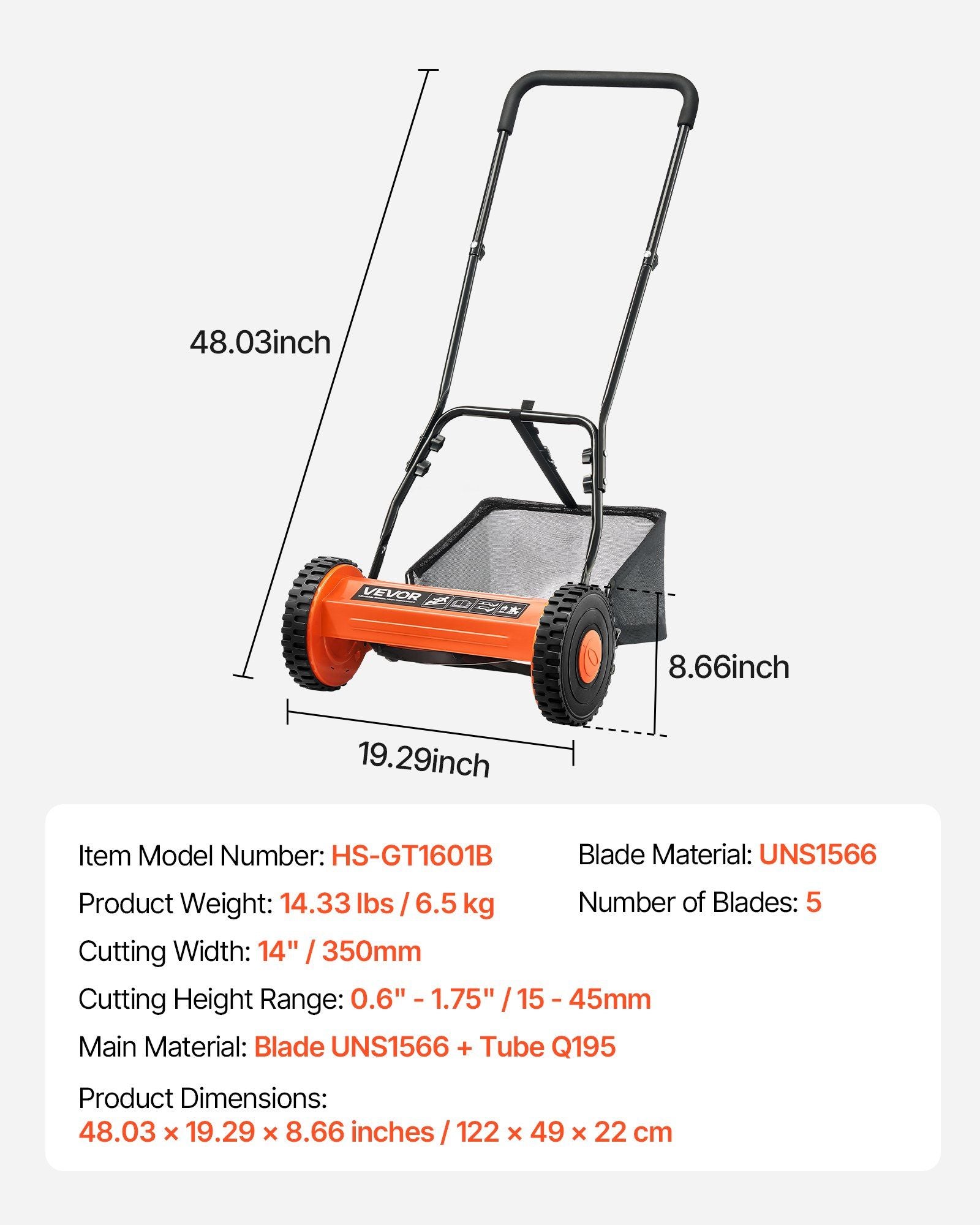 Push Reel Lawn Mower 35 cm, 5 Blades Manual Push Mower No Motor, 15-45 mm Adjustable Cutting Height, V952-SDTSGZGCJ14IZEEJ2001V0
