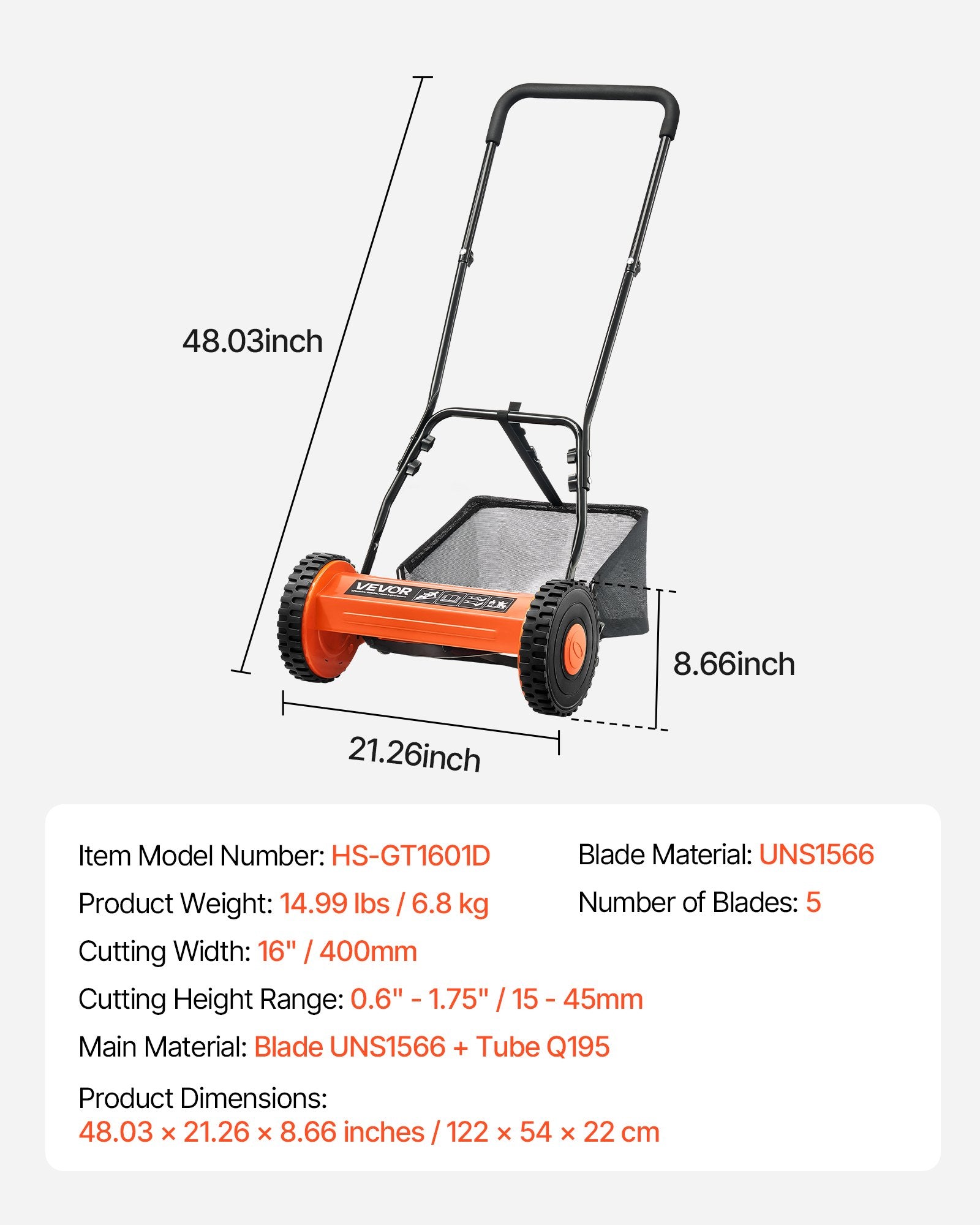 40cm Push Reel Lawn Mower 5-Blade Adjustable Height Grass Catcher 2-Wheel V952-SDTSGZGCJ16I1M9M1001V0