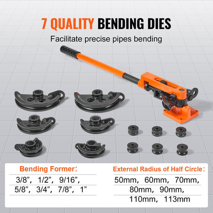 Pipe Tube Bender, 3/8" to 1" OD Manual Pipe Tube Bender with 7 Bending Dies, 180 degrees Copper Aluminum V952-SDWGJCSGY7381K20RV0