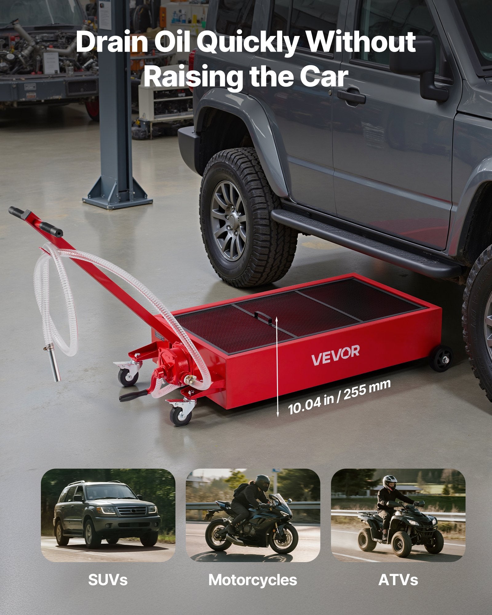 Low Profile Oil Drain Pan, 75.7 L Capacity, Rolling Oil Drain Pan with Manual Pump, 2.2 m Hose & T Folding V952-SDWSPYCJS20GXVX4S001V0