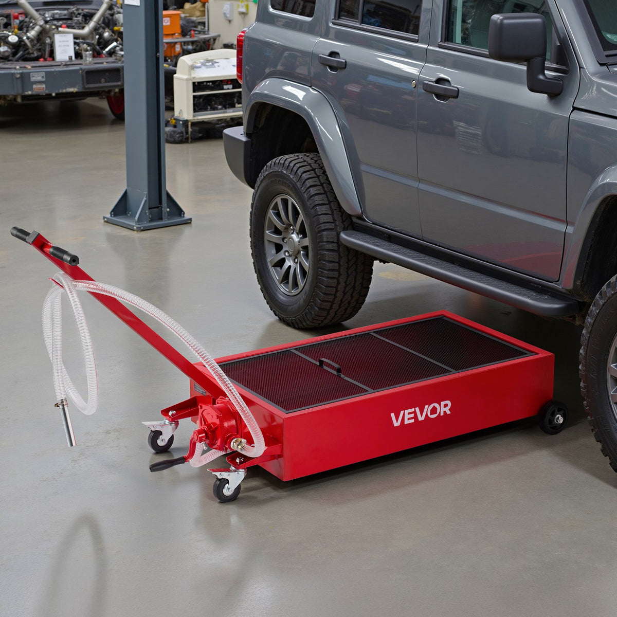 Low Profile Oil Drain Pan, 75.7 L Capacity, Rolling Oil Drain Pan with Manual Pump, 2.2 m Hose & T Folding V952-SDWSPYCJS20GXVX4S001V0