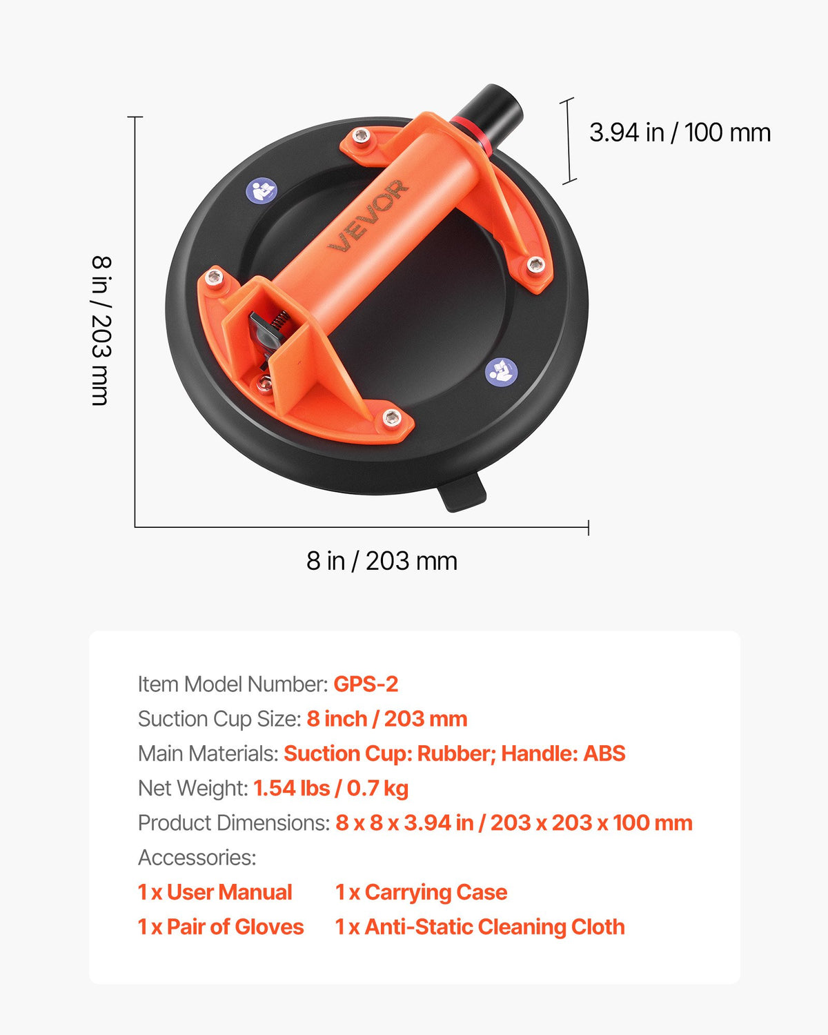 Vacuum Suction Cup, 203 mm Vacuum Glass Lifter with ABS Handle, 180 kg Max Lifting Capacity Tile Suction Cup V952-SDXP8YC240BA2HI23001V0