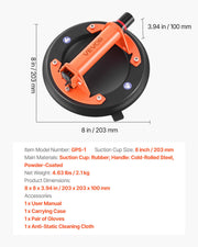 Vacuum Suction Cup, 203 mm Vacuum Glass Lifter with Metal Handle, 195 kg Max Lifting Capacity Tile Suction V952-SDXP8YC275BJBHP02001V0