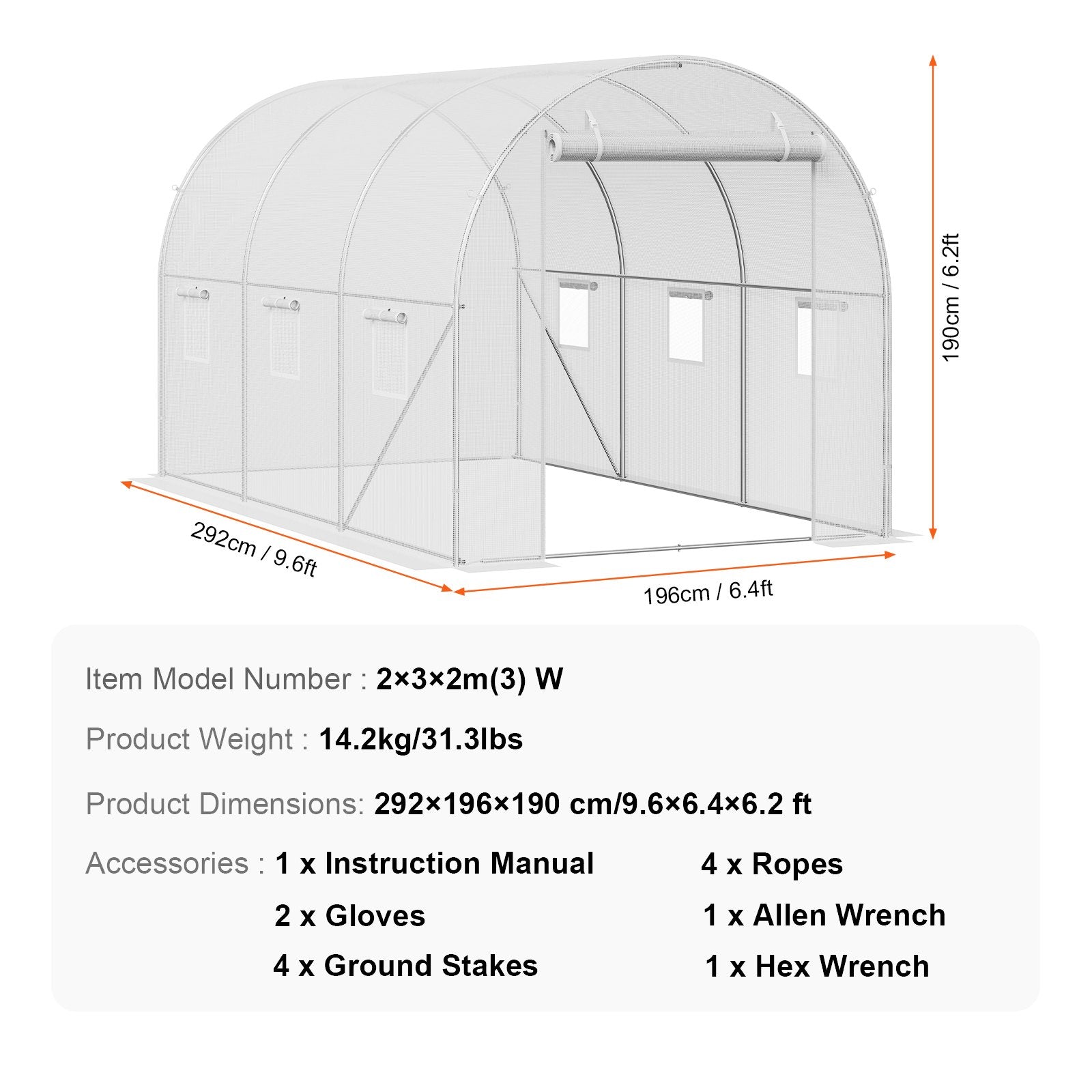 Walk-in Tunnel Greenhouse 9.58x6.43x6.23ft Galvanized Frame PE Cover White V952-SDXWS10X7X7F4BYNQV0