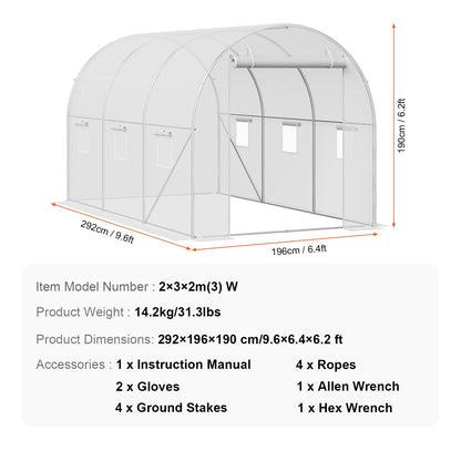 Walk-in Tunnel Greenhouse 9.58x6.43x6.23ft Galvanized Frame PE Cover White V952-SDXWS10X7X7F4BYNQV0