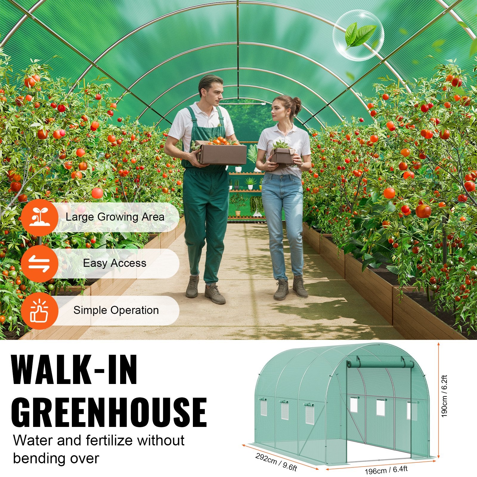Walk-in Tunnel Greenhouse 9.58x6.43x6.23ft Galvanized Frame PE Cover Green V952-SDXWS10X7X7FP2NGIV0