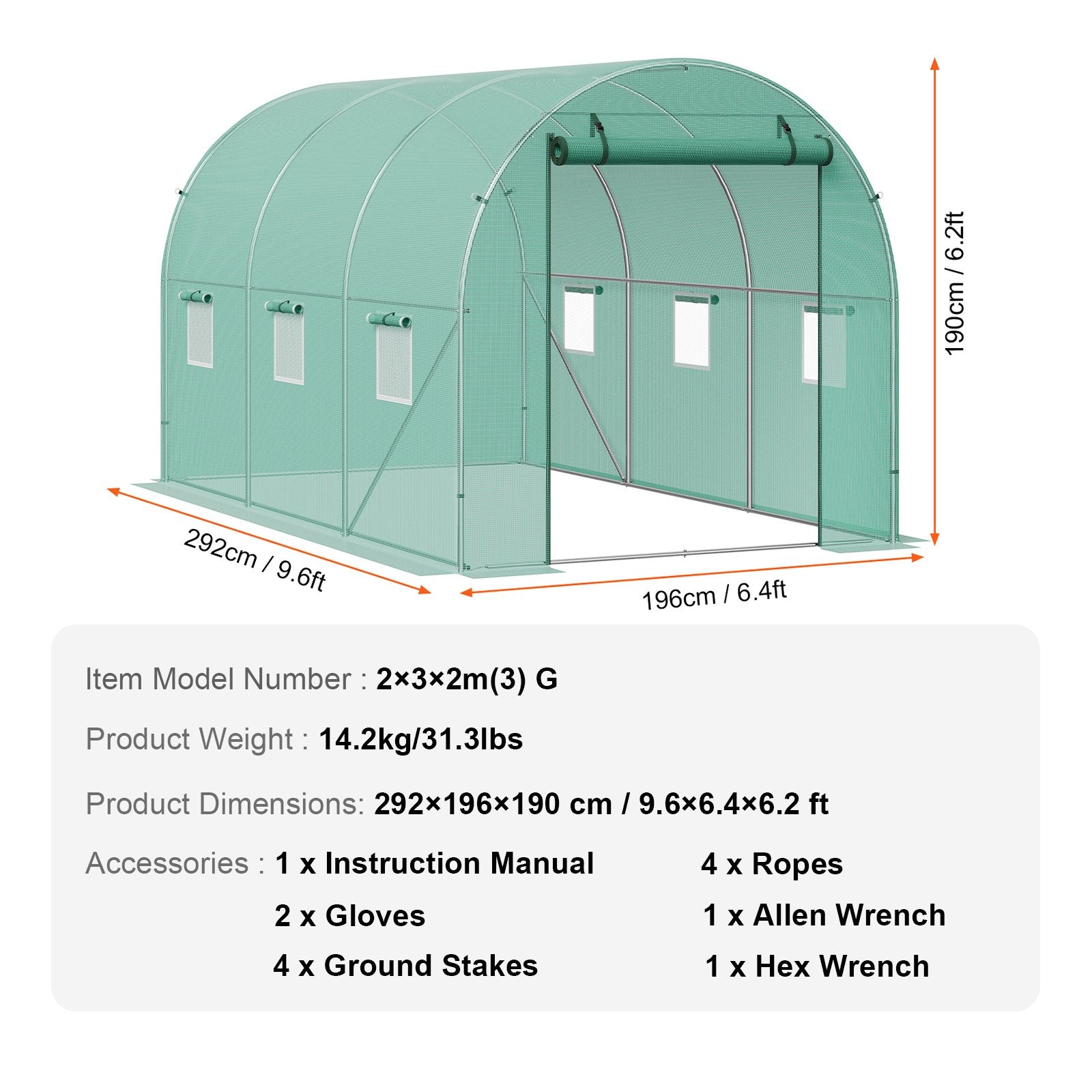 Walk-in Tunnel Greenhouse 9.58x6.43x6.23ft Galvanized Frame PE Cover Green V952-SDXWS10X7X7FP2NGIV0